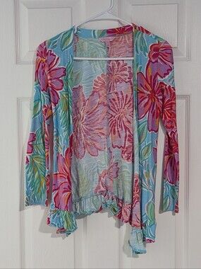 Lilly Pulitzer Katia Cotton Slub Cotton Ruffle Cardigan Kids Girls XL 12 14